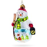 Snowman Holding Broom and Lantern Glass Christmas Ornament