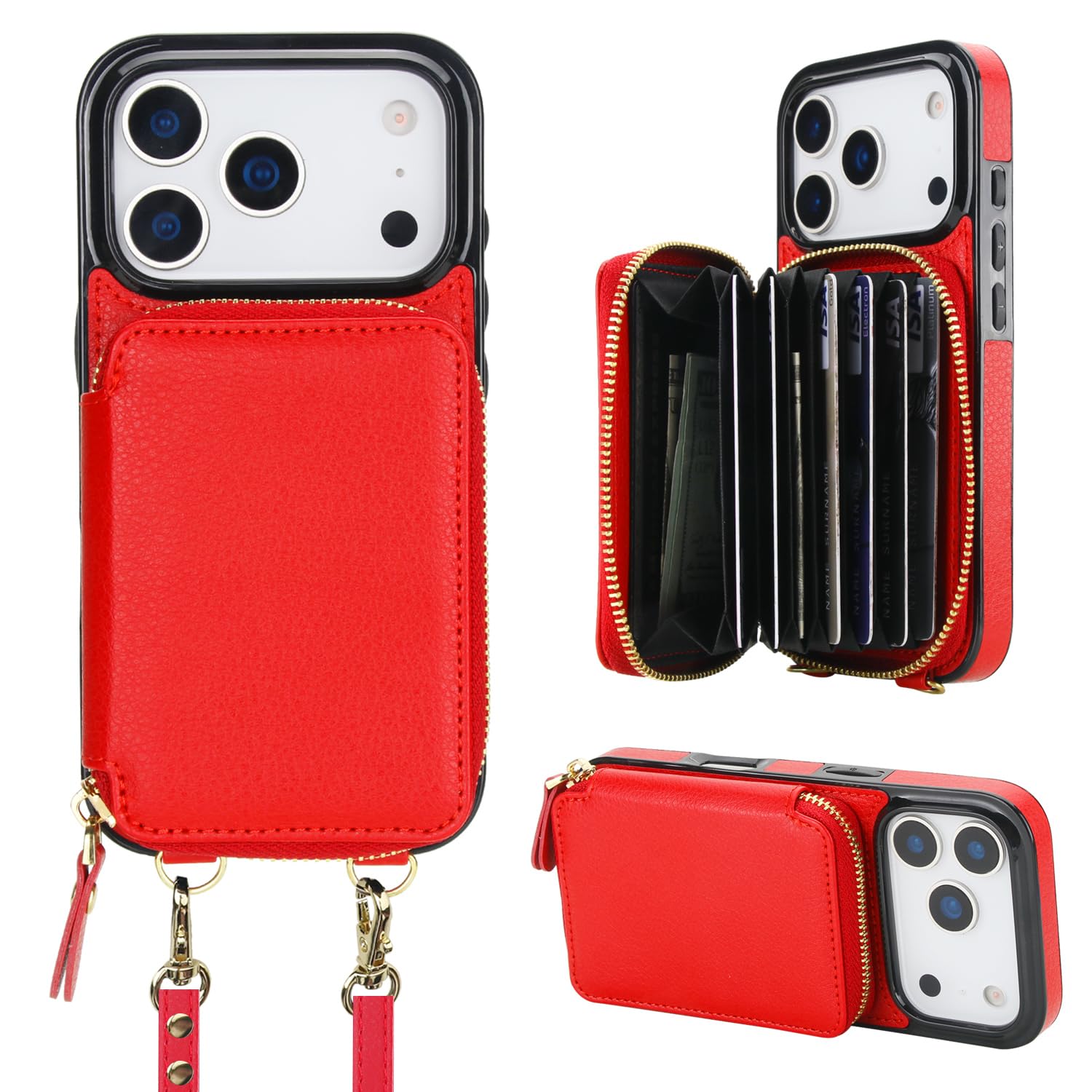 Bocasal Crossbody Wallet Case for iPhone 17 Pro, RFID Blocking Leather Purse Case with Card Holder, Protective Handbag Flip Cover with Zipper Wrist Strap Lanyard for Women 5G 6.3 Inch (Red)