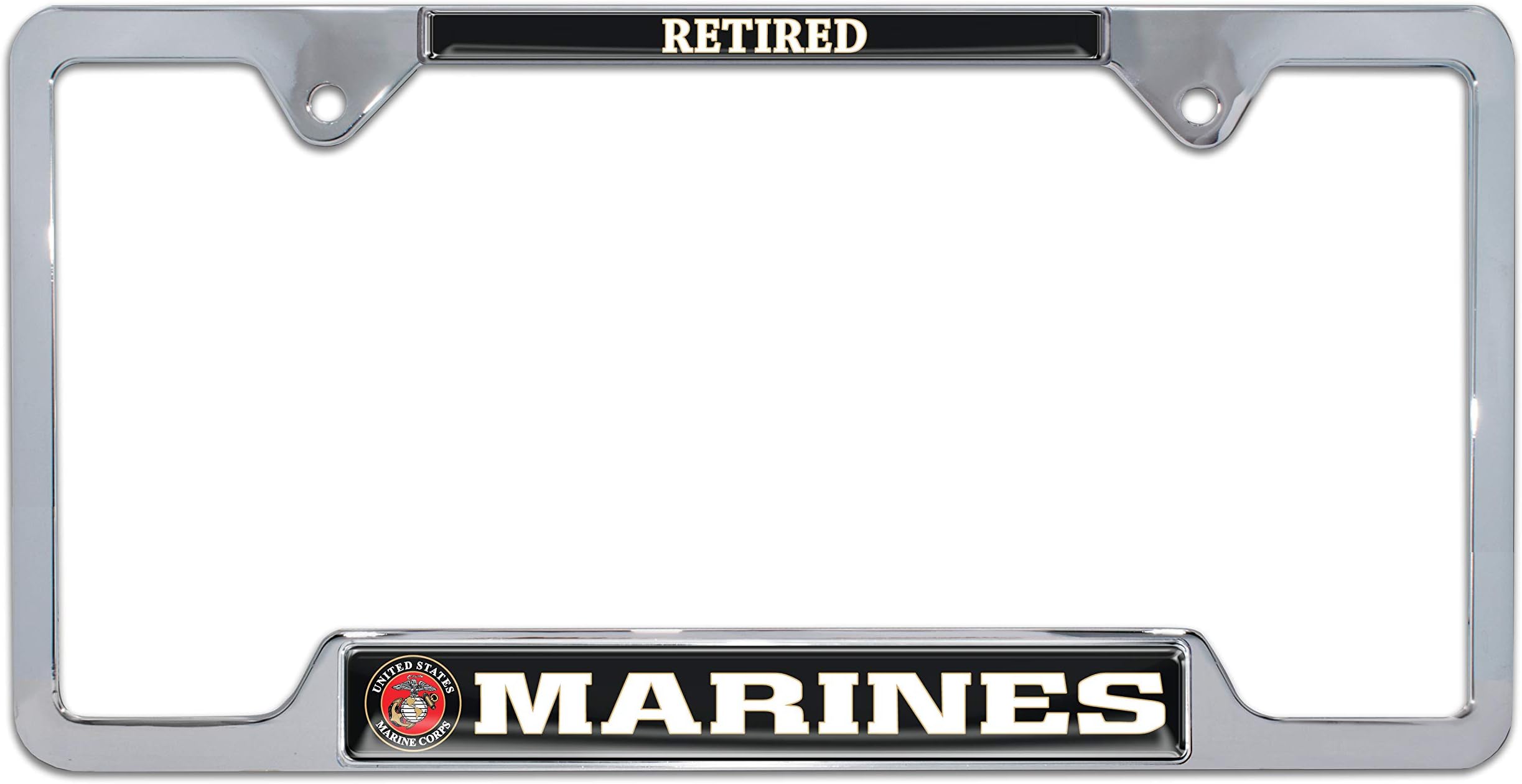ElektroplateOfficially Licensed – United States Retired Marine Corps Chrome-Plated All-Metal Open Corner License Plate Frame Tag Holder for Cars/SUVs/Trucks Weather-Proof Automotive Accessory