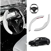 White Steering Wheel Cover for Tesla Model 3/Y 2016-2025 2026 Juniper/Highland | Non-Slip, Segmented, Custom-Fit, Carbon Fiber | Model Y Juniper Accessories | Model 3 Highland Accessories