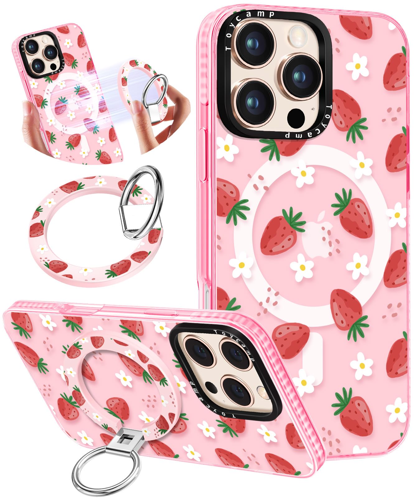 Photo 1 of Toycamp for iPhone 16 Pro Case Compatible with Magsafe - Cute Design 360° Magnetic Ring Holder Stand Kickstand Funny Strawberry Girly Pretty Fashion TPU Phone Covers for Women Tenn Girls