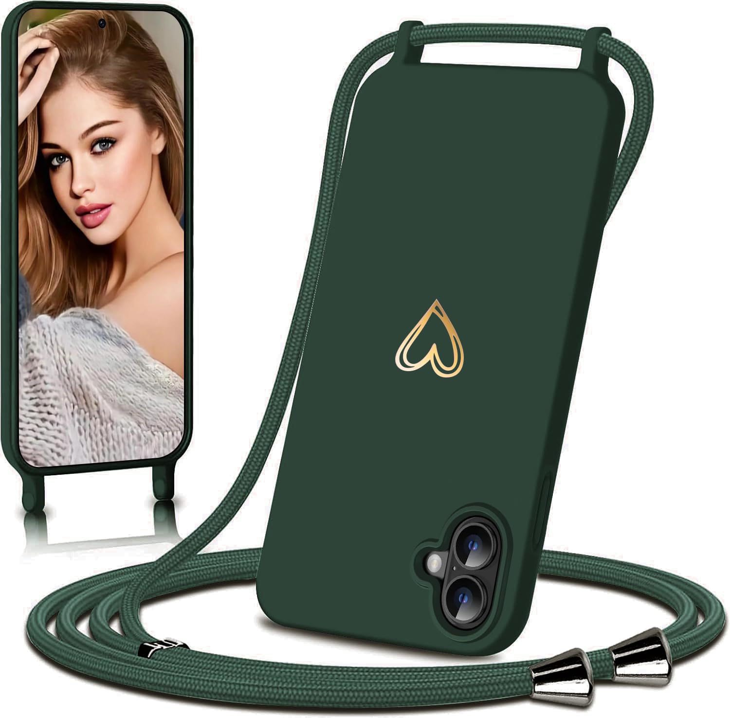 Eherui Mobile Phone Chain Case for iPhone 16 6.1, Green Heart Design, TPU Material, Removable Adjustable Strap with Silicone Buckle