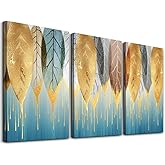 Fashion Wall Art for Living Room Family Wall Decor for Bedroom Modern Wall Decorations for Kitchen Canvas Art Golden Leaves Abstract Paintings Bathroom Hang Pictures Artwork Home Decoration 3 Pieces