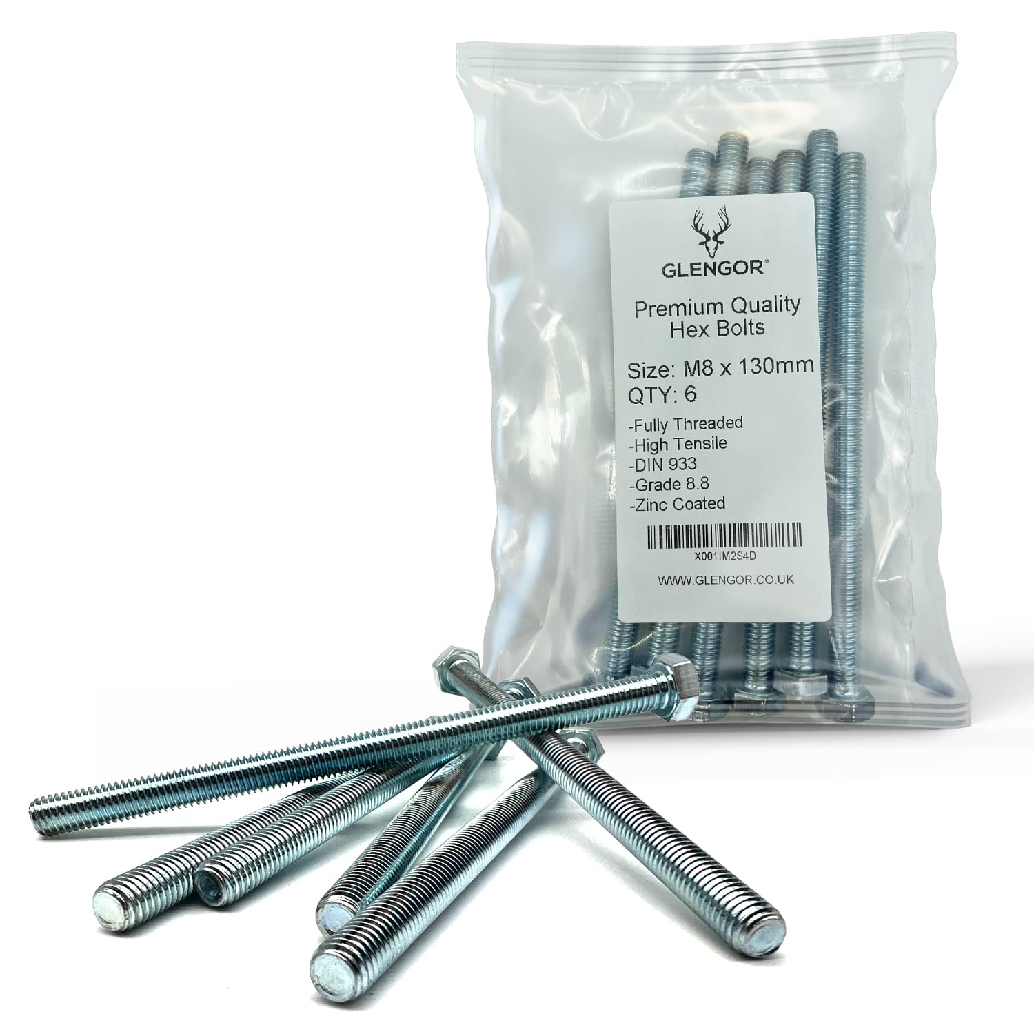 Glengor Premium M8 x 130mm Hex Bolt | Fully Threaded Setscrew Zinc 8.8 | Pack of 6