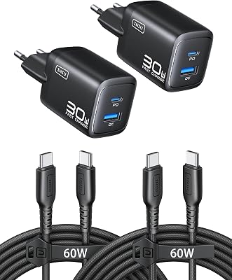 30W Chargeur USB C, 2-Port Prise GaN Chargeur Charge Rapide avec Câble