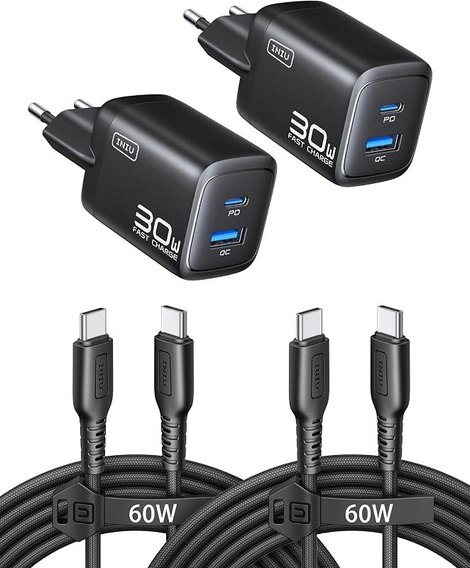 30W Chargeur USB C, 2-Port Prise GaN Chargeur Charge Rapide avec Câble