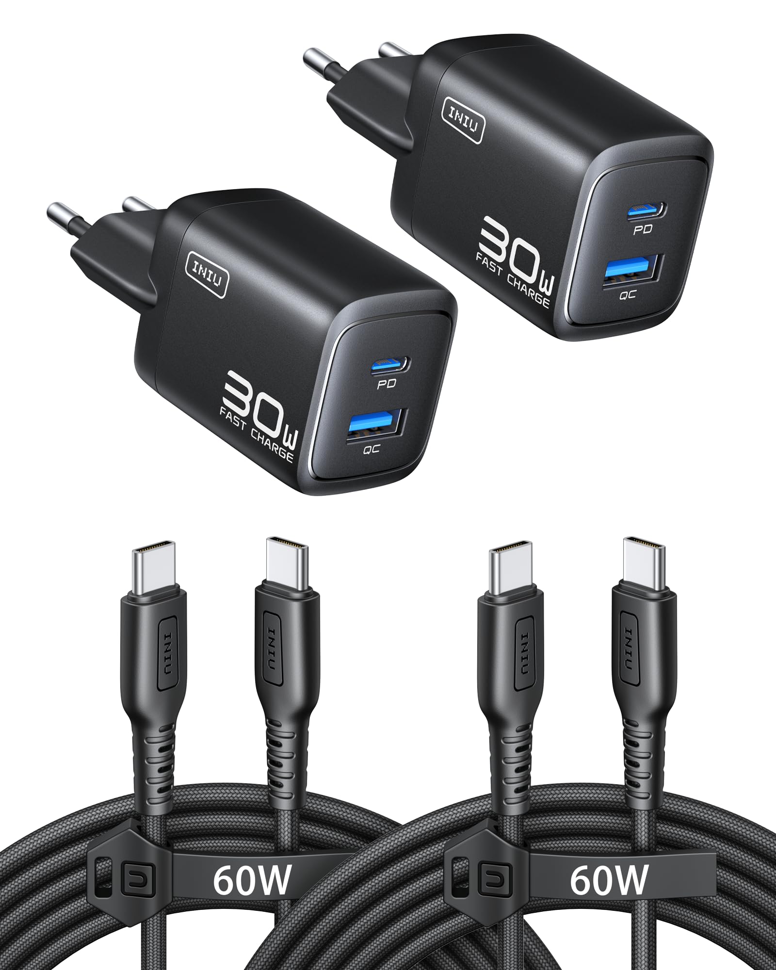 INIU 30W USB C Ladegerät, Dual-Port GaN Schnellladegerät mit 1,5m 60W Kabel