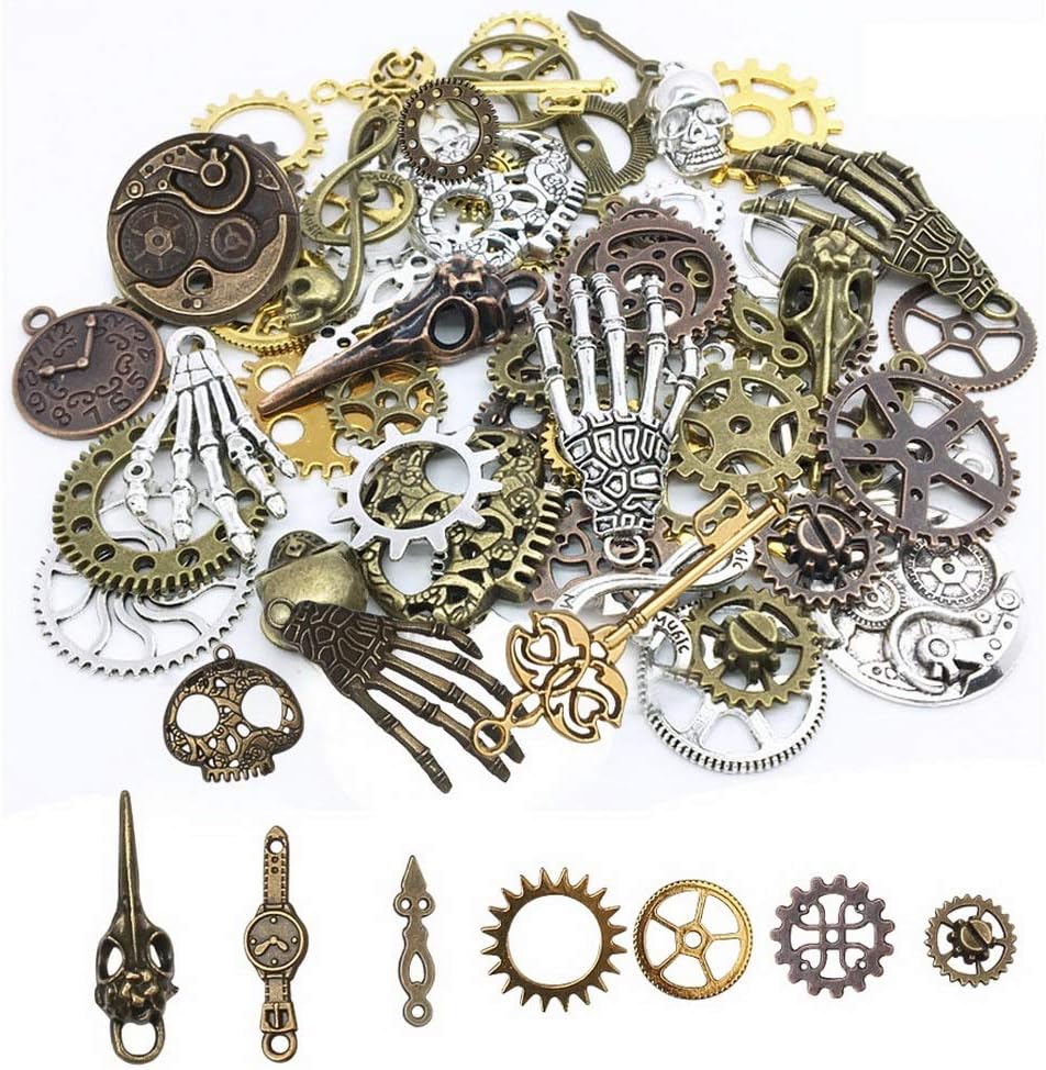 kuou 80Pcs Assorted Antique Steampunk Gears Skeleton Charms Pendant Bronze