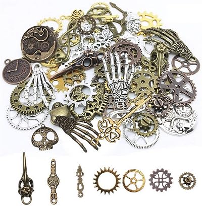 kuou 80Pcs Assorted Antique Steampunk Gears Skeleton Charms Pendant Bronze