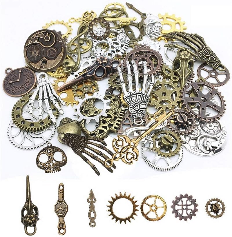 kuou 80Pcs Assorted Antique Steampunk Gears Skeleton Charms Pendant Bronze