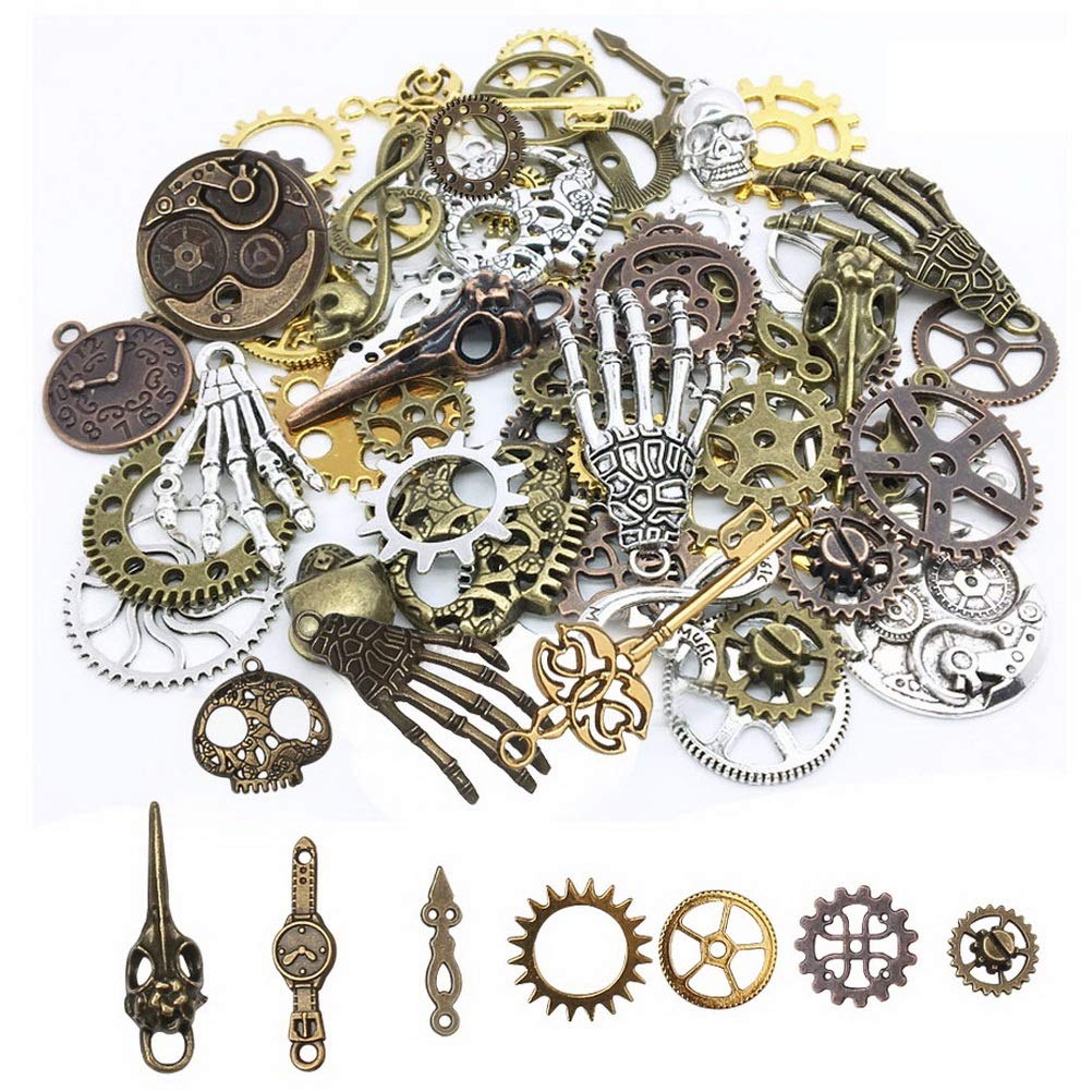 80PCS Assorted Antique Steampunk Gears Vintage Skeleton Charming Pendant Mixed for Necklace Bracelet Jewelry Making Accessory (Bronze and Silver Mixed Color）