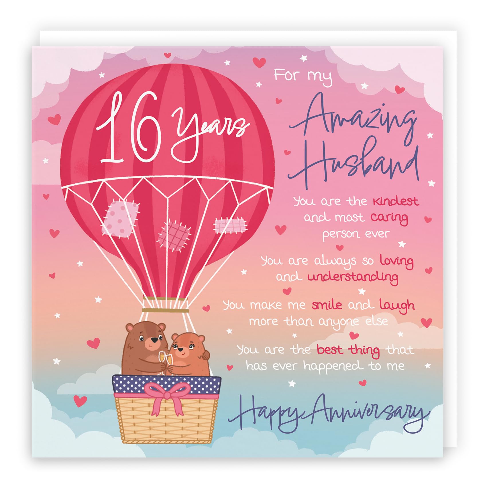 Hunts England - Husband 16th Anniversary Poem Card - Love Is In The Air - Beautiful Love Verse - Cute Bears - Luxury 16th Anniversary Card For Husband - Romantic 16 Years Husband Anniversary Card