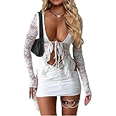 CSDAJIO 2 Piece Outfits for Women Floral Lace Open Front Tie Up Long Sleeve Crop Top Blouse Shirt and Mini Skirt Set