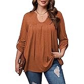 Angelips Women's Plus Size Tops V Neck Roll Up 3/4 Sleeve Tunic Pleated Casual Shirts Trendy Dressy Flowy Going Out Blouse