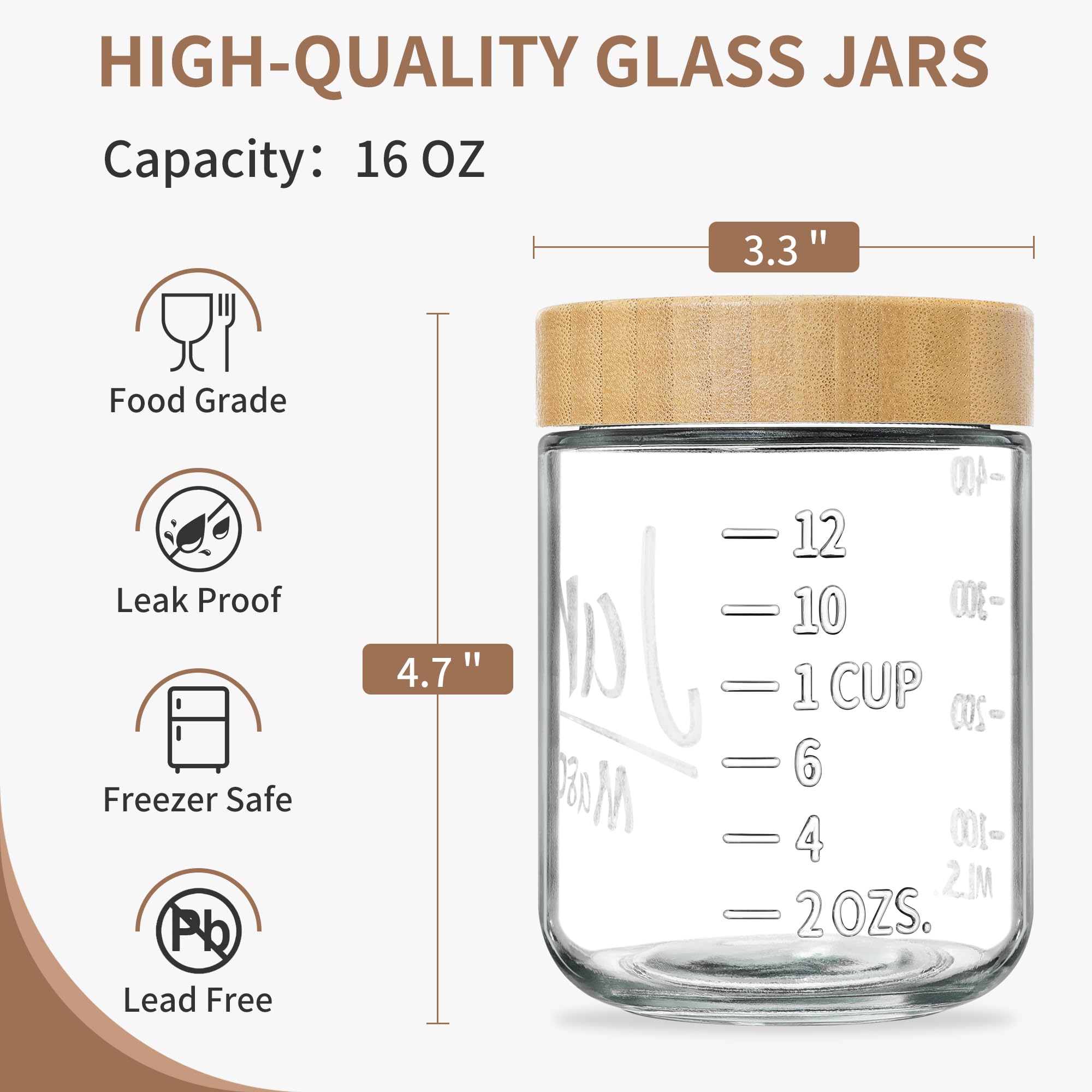 Xyptorix 4-Pack Overnight Oats Containers with Bamboo Lids, 16oz Airtight Glass Meal Prep Jars for Oatmeal, Yogurt, Parfaits, Chia Pudding, Leakproof Mason Jars for Overnight Oats & Food Storage