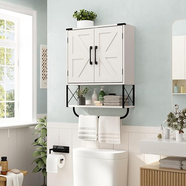 RUSTOWN FARMHOUSE MEDICINE CABINET WITH 2 BARN DOOR, WOOD WALL MOUNTED STORAGE CABINET WITH ADJUSTABLE SHELF AND TOWEL BAR, 3-TIER BATHROOM CABINET FOR BATHROOM, LIVING ROOM(VINTAGE WHITE, MEDIUM)