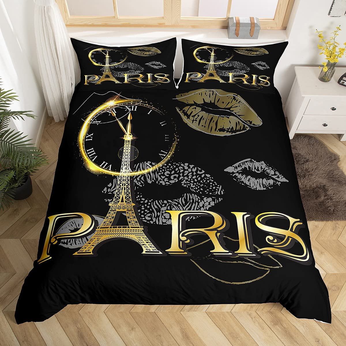 Loussiesd Boys Eiffel Tower King Size Duvet Cover Teens Chic Paris Theme Bedding Set Luxury Women Lips Bedding& Linen Kids French Golden Black& Linen 3Pcs
