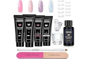 Lofuanna Poly Nail Gel Kit 4PCS Nude & Pink & Purple Glitter & Clear Glitter Poly Extension Gel Nail Kit False Nail Gels With Slip solution Builder Gel Nail Kit All In One Starter Kit