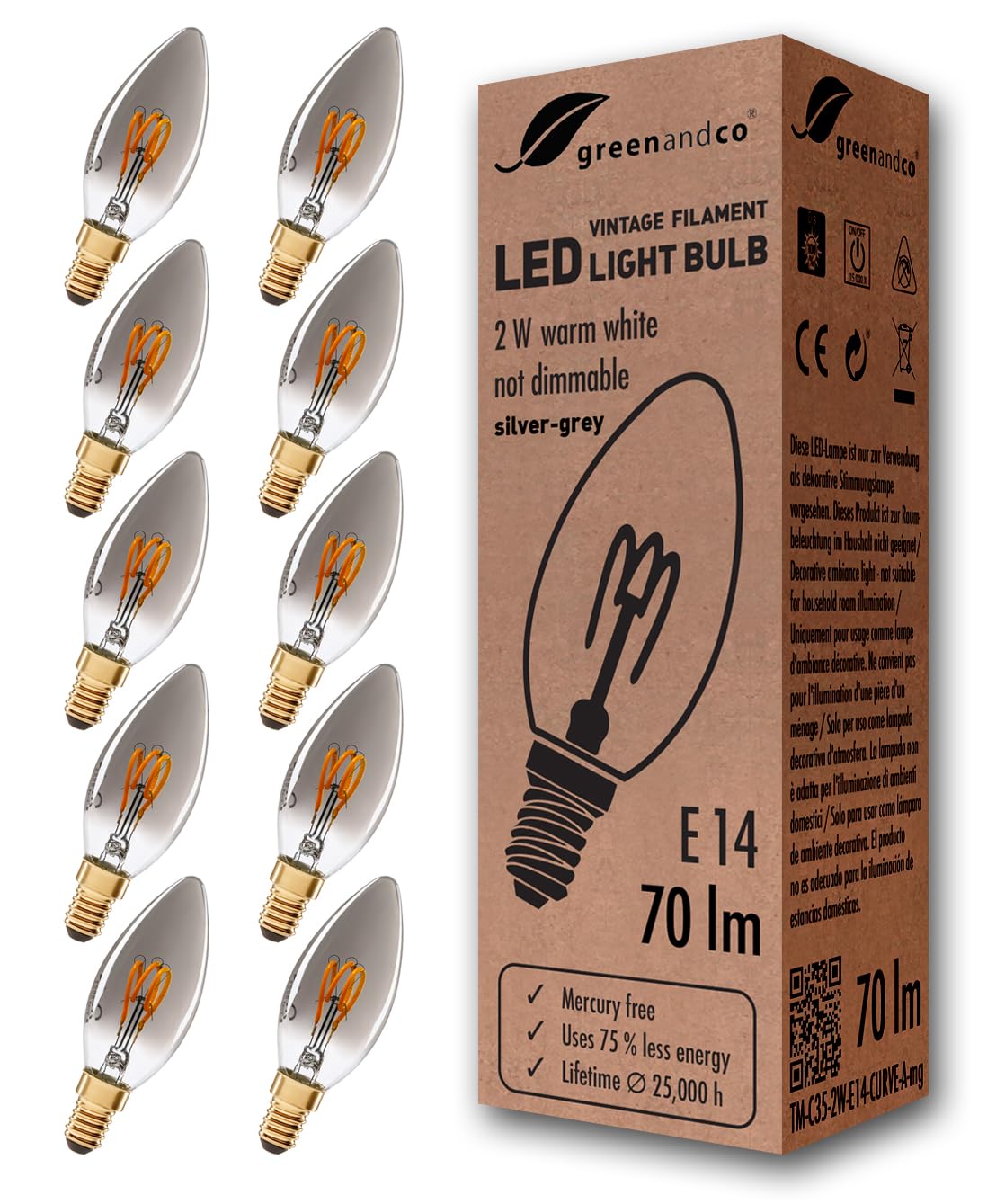 greenandco® E14 C35 LED Vintage Filament Bulb Silver Grey 2W 70lm 1800K Extra Warm White 360° 230V, no Flicker, not dimmable, 10-Pack