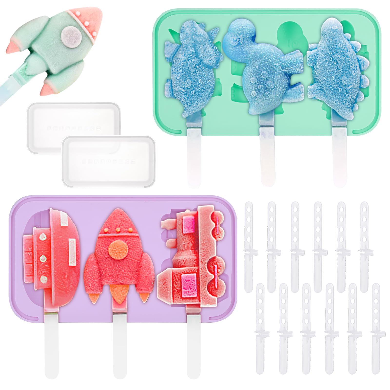Hejo 2 Pcs Ice Cream Moulds, Silicone Ice Lolly Moulds, Easy Release Lollipop Moulds, Dinosaur ＆ Vehicle Shapes Popsicle Moulds with 18 Sticks for Home Outdoor (Purple ＆ Green)