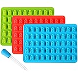 Lizber Silicone Gummy Bear Molds 3 PCS - Bonus Dropper Novelty Silicone Candy molds 50 Cavities Making 150 Bears on Trays (Blue, Green, Red) BPA Free FDA Approved