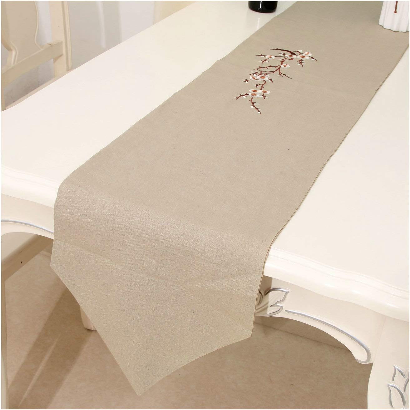 Amody Table Runner Or Dresser Scarf Double Plum Blossom Embroidery Table Cover for Restaurant Kitchen Dining Wedding Party Decor Brown 32x270CM