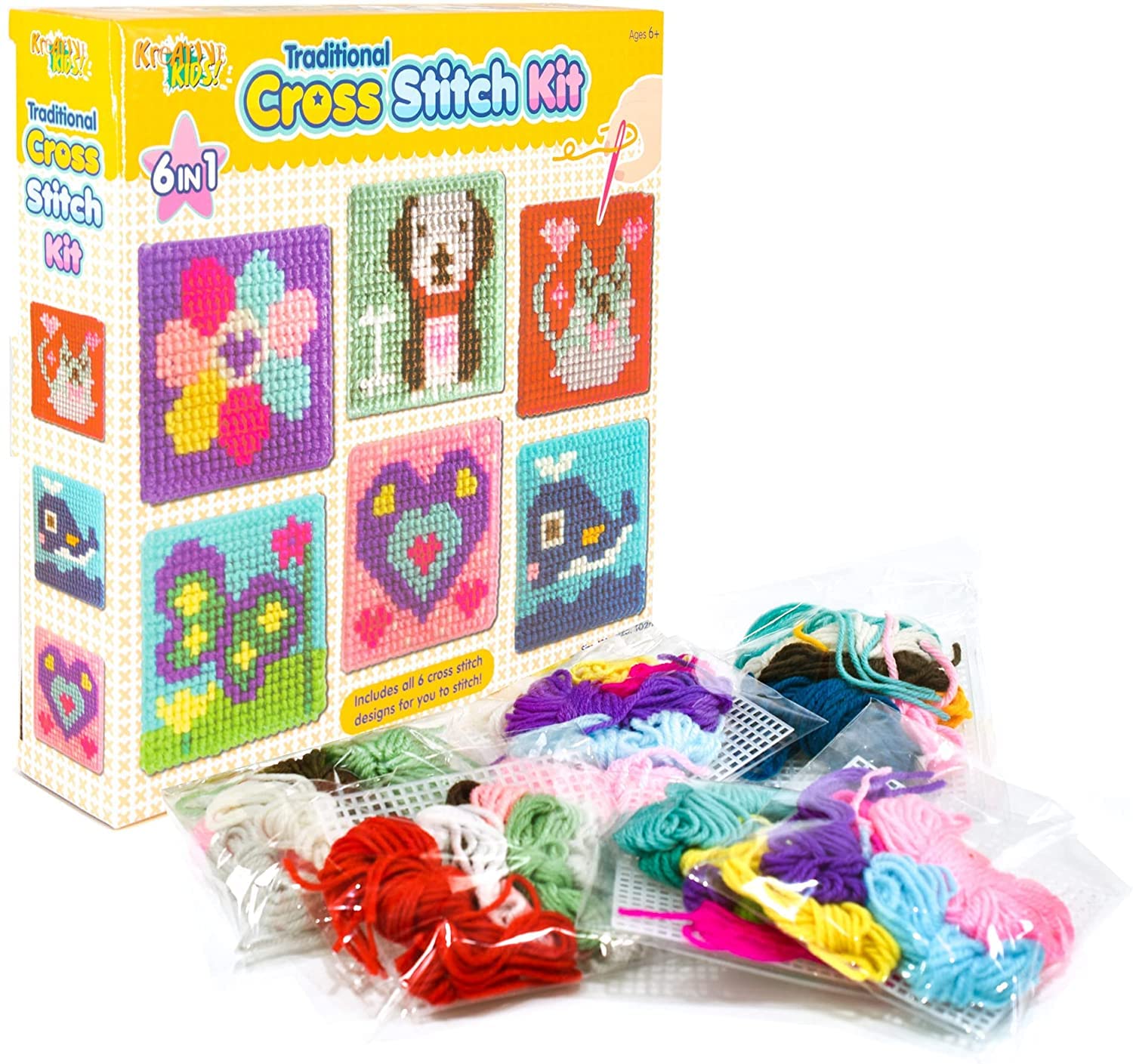 Kids 6-in-1 Cross Stitch Kit | 6 assorted embroidery boards with 36 coloured threads included | Kids Embroidery Kit