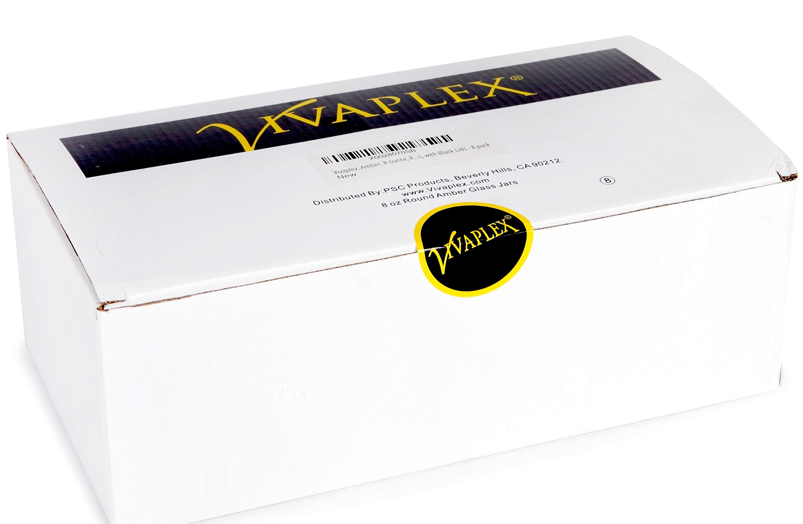 Vivaplex Amber, 8 ounce, Round Glass Jars, with Black Lids - 8 pack
