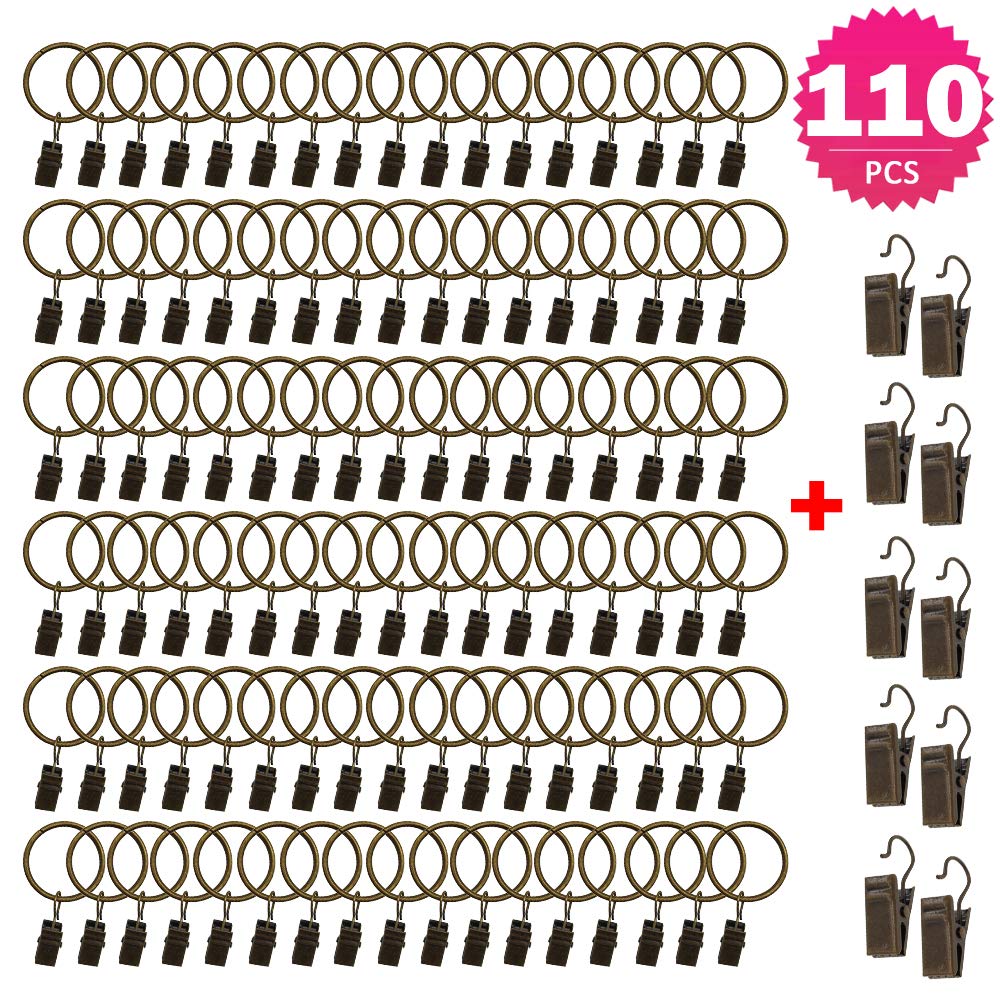 AMORIX 100PCS Bronze Curtain Rings with Clips Metal Decorative Drapery Window Rings with Hook Strong Clips Fits up to 3/4" Diameter for Hanging