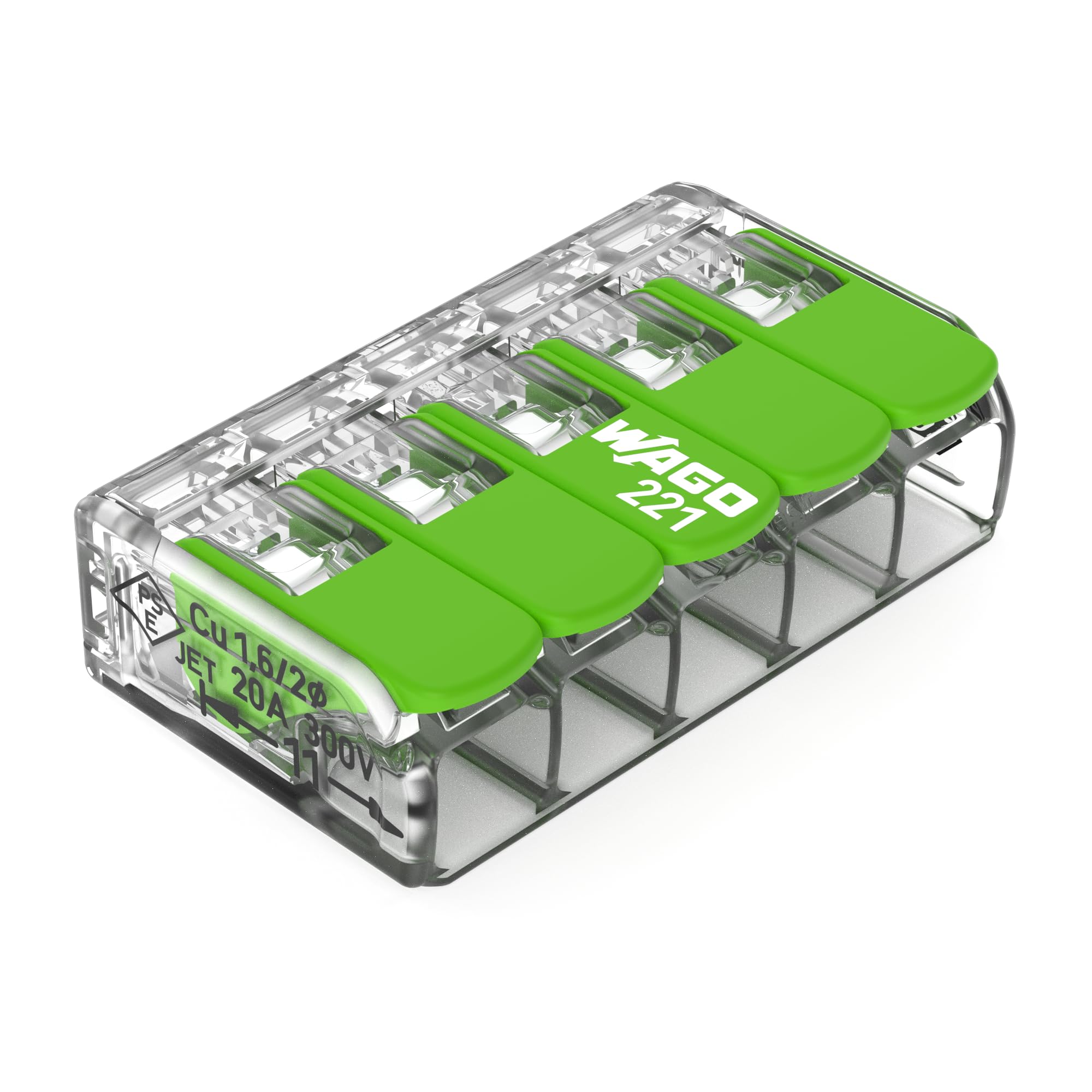 WAGO Green Range Terminal Block 5-Wire, to 4 mm², Splicing Connectors 5-Pole with Lever for All Conductor Types Pluggable, 221-425, 8 pcs — image 1