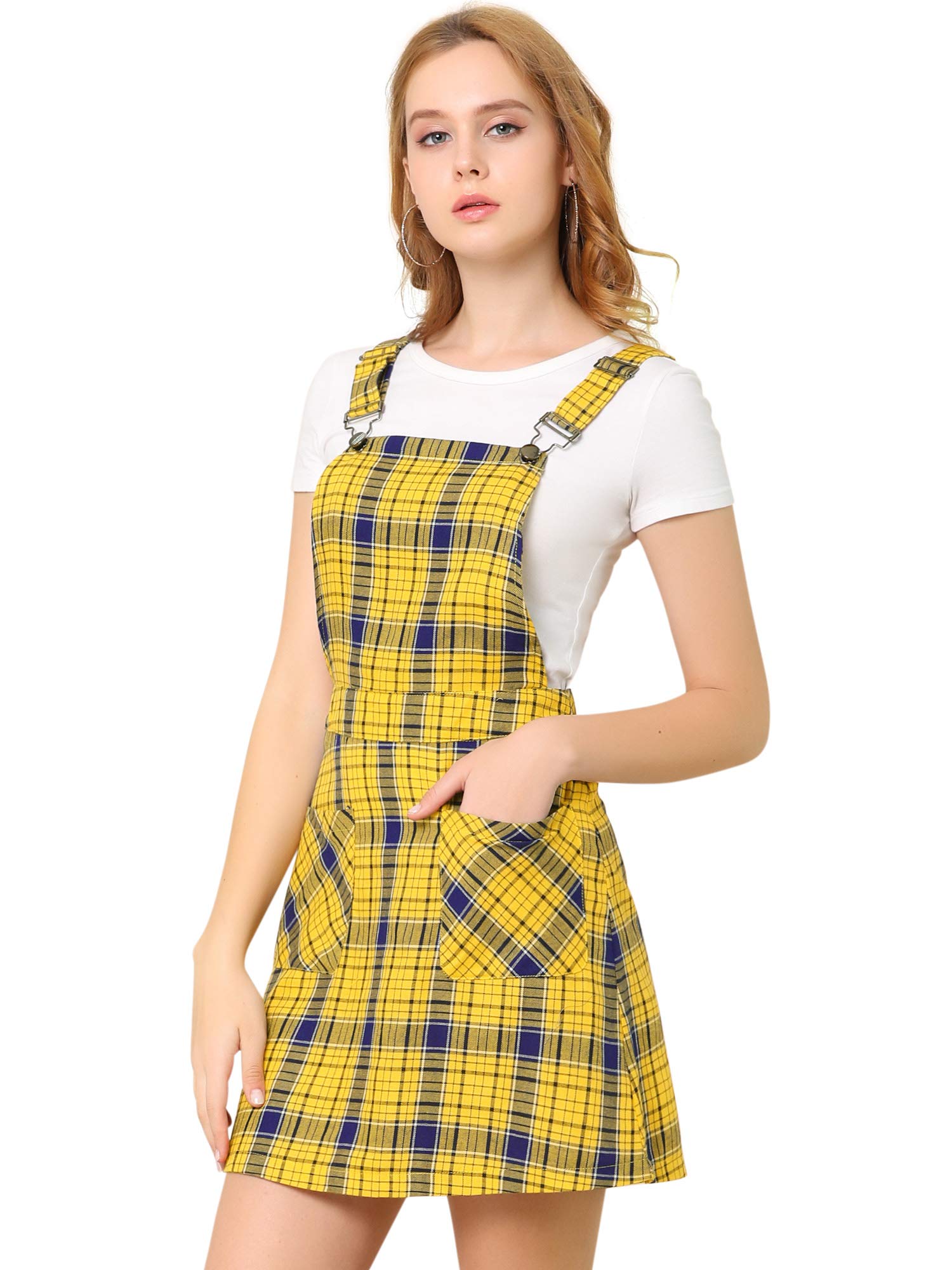 Photo 1 of Allegra K Women's Plaid Overall Dress Vintage Checkered Suspender Skirt Short Pinafore Dress Large Yellow