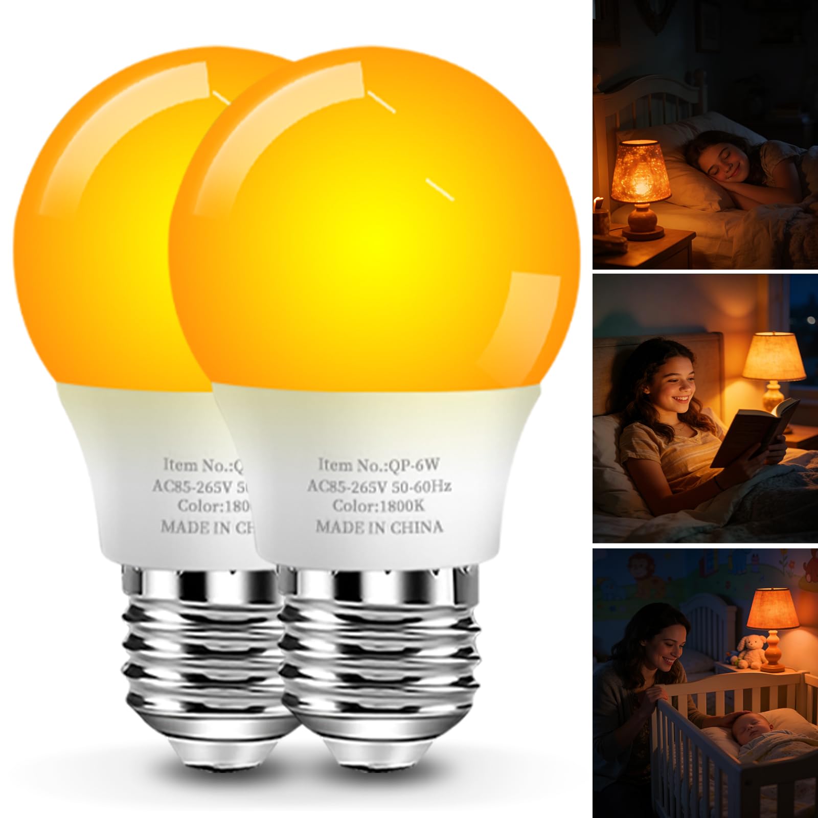 Photo 1 of 1800K Amber Sleep Light Bulbs, 99.96% Blue Light Blocking, A15 6W(40 Watt Equivalent) Soft Warm Light Bulbs, Eye-Caring Amber Soft Yellow Night Light E26 for Bedroom, Reading, Baby Nursery, 2 Packs