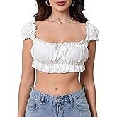 Women's Off Shoulder Ruffle Trim Ruched Crop Top Short Sleeve Solid Plain Slim Fit Tee Tops Bardot Blouse