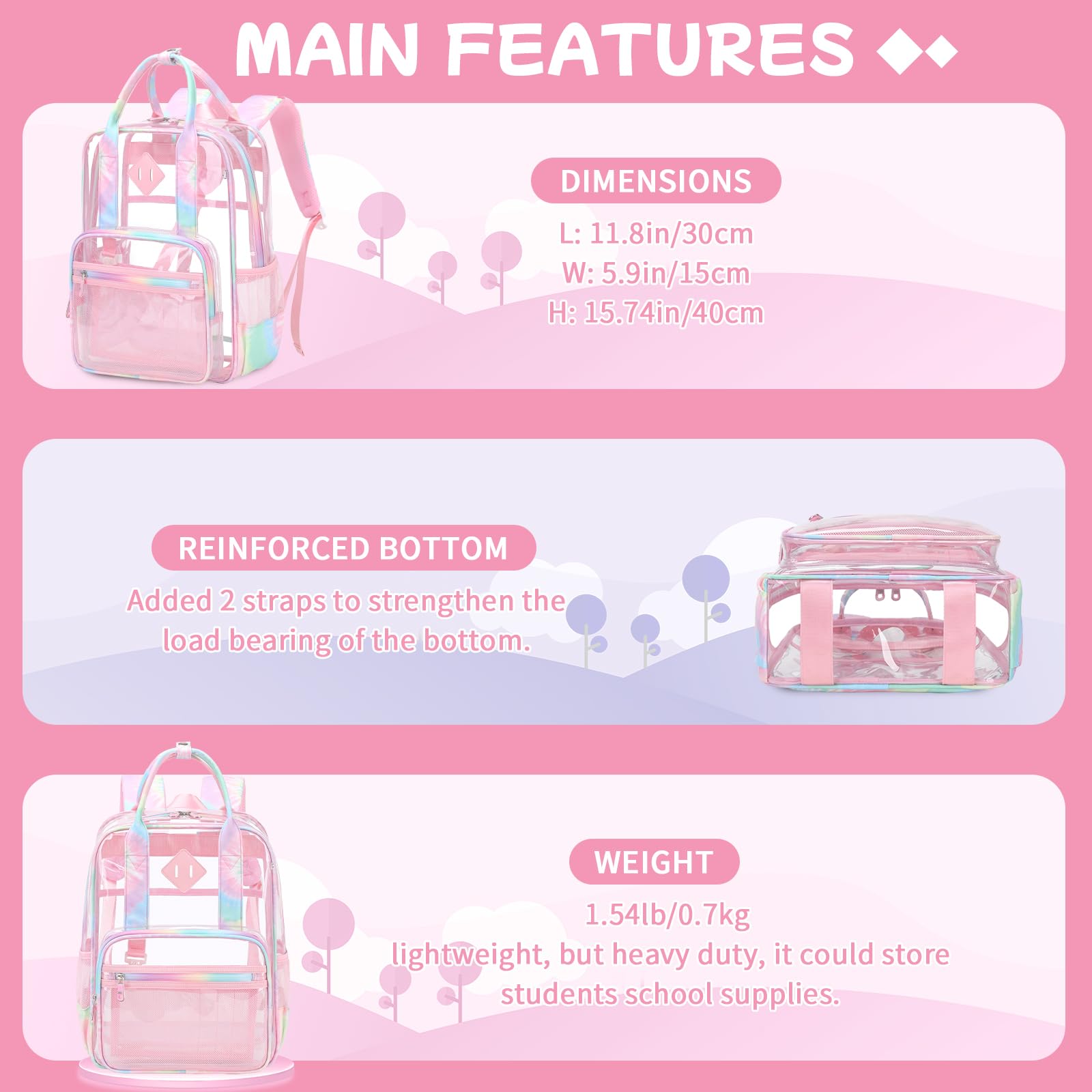 MOONBABY Small Clear Backpack for School Transparent Bookbag for Kids Heavy Duty PVC See Through Backpack Stadium Approved