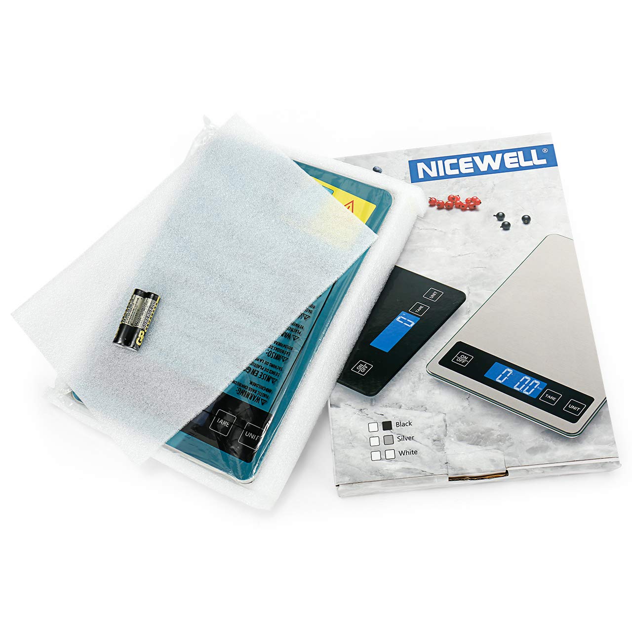 Nicewell Food Scale, 22lb Digital Kitchen Scale Weight Grams and oz for Cooking Baking, 1g/0.1oz Precise Graduation, Stainless Steel and Tempered Glass (Ash Silver)