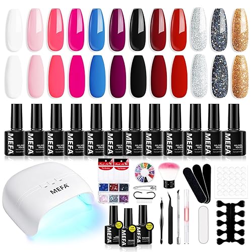 MEFA 34 Pcs Gel Nail Kit with 48W UV Lamp, 12 Colors White Pink Red Glitter Gel Nail Polish Kit with Matte Glossy Gel Top Base Coat Manicure Tools Nail Art Decorations DIY Salon Home