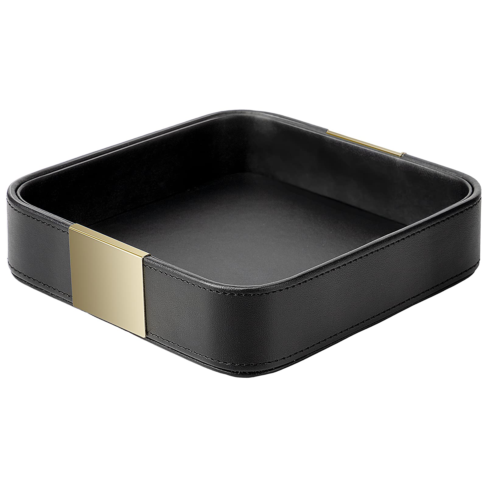 SANZIE Luxury Leather Desktop Storage, Small Catchall Organizer, Decorative Tray for Entryway Table to Hold Jewelry,Watch,Cosmetics,Keys,Phone,Wallet,Home & Office Accessories (Metal Glided, Black)