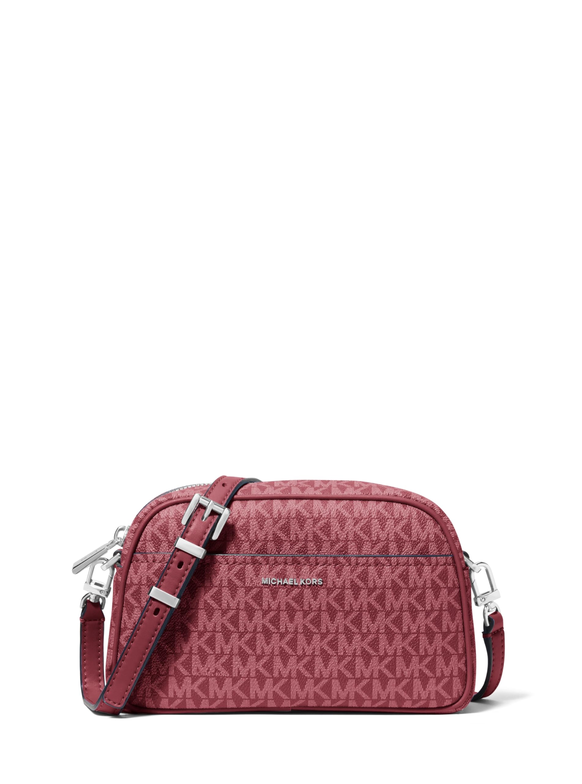 Michael Kors Jet Set Small Camera Crossbody Bag, Silver-Tone Hardware/Tonal MK Signature Coated Twill/Oxblood