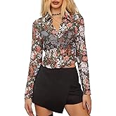 ZANZEA Women's Sexy Mesh Shirt Sheer Button Up Blouse See Through Long Sleeve Crop Top
