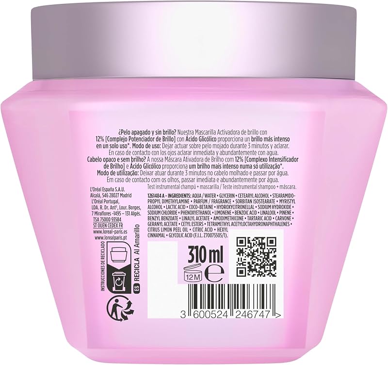 L'Oréal Paris, Mascarilla Activadora del Brillo, Brillo Intenso en Un Solo Uso, Cabello Más Liso, Con Ácido Glicólico, Para Cabello Apagado y Sin Vida, Elvive Glycolic Gloss, 310 ml