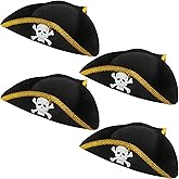 SGBETTER 4 Pcs Black Pirate Hats Skeleton Tricorn Hat Colonial Buccaneer Hat with Gold Trimming for Adult Halloween Cosplay Party Role Play Accessories