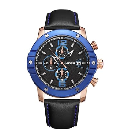 MEGIR Blue Chronograph Leather Strap Stopwatch,Date for Men &Boys 2046