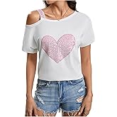 OYOANGLE Women's Sequin Sparkly Heart Print Short Sleeve T Shirt Asymmetrical Neck Summer Tee Tops