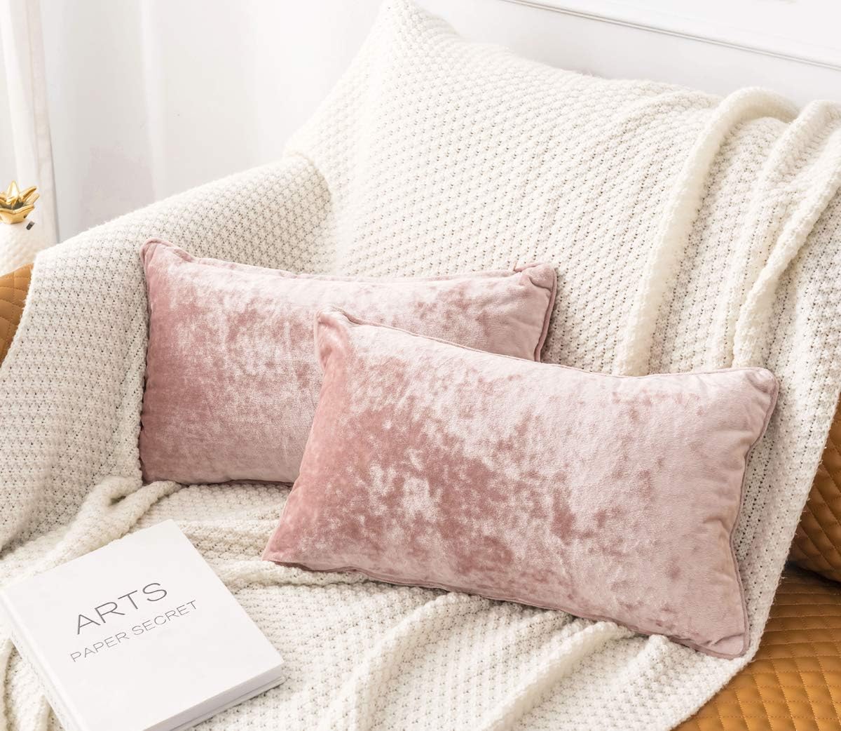 HORIMOTE HOME 2 Pcs Crushed Velvet Blush Pink Rectangle Cushion Covers for Sofa Couch Chair