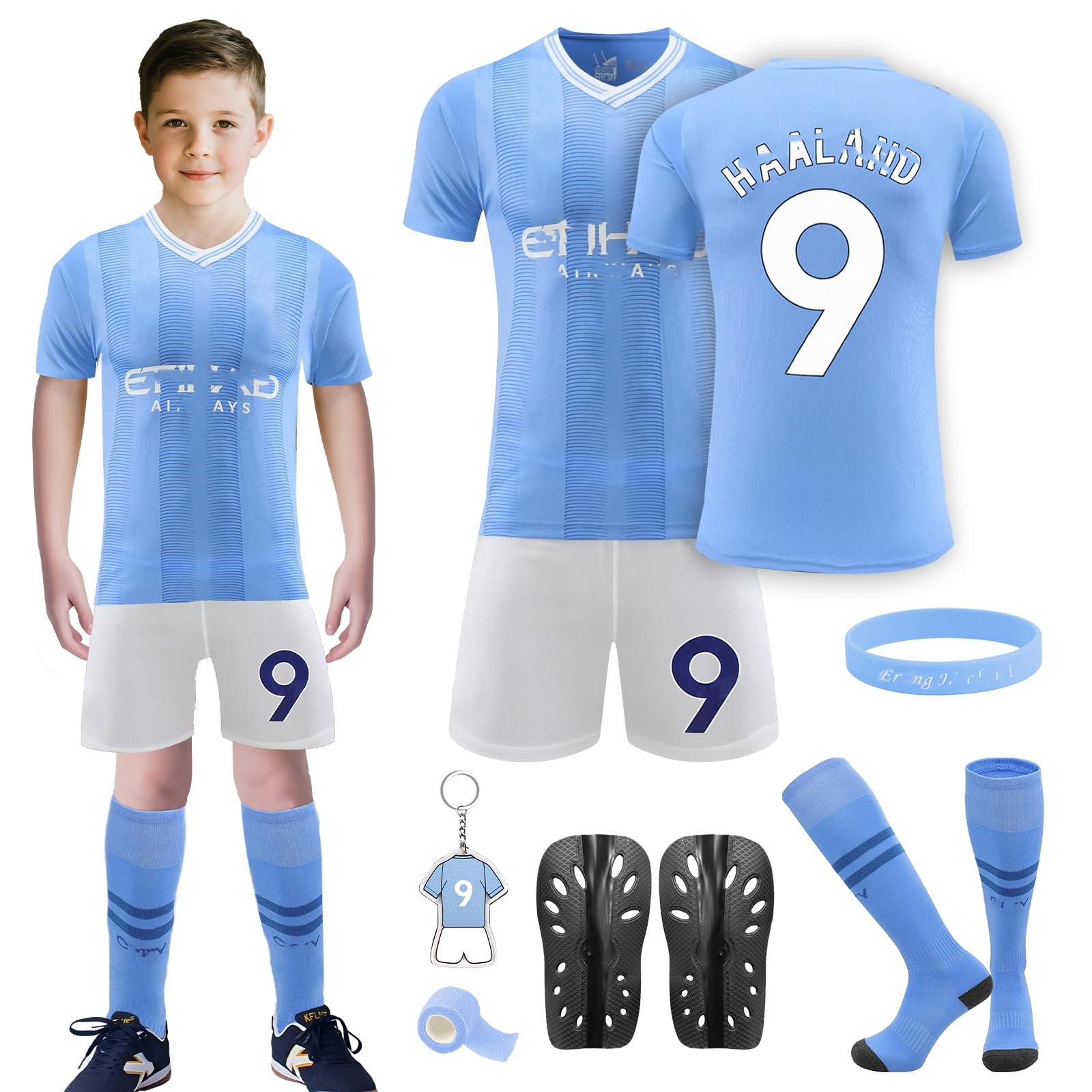 Kids Football Kit, Children Football Training T-Shirts Shorts Socks Guard Plate Keychain Accessories, Boys Girls Home Away Soccer Jerseys Football Fan Gifts for Kids