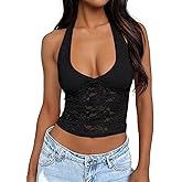 Trendy Queen Womens Going Out Tops Lace V-Neck Sleeveless Double Lined Halter Y2K Sexy Crop Summer Fashion Tank Top 2026