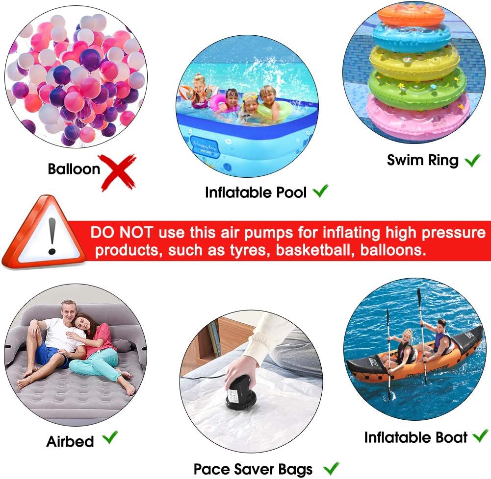 YANX Electric Air Pump, 110V AC/12V DC Portable Air Mattress Pump Two-Way Universal Inflator Electric Pump for Inflatables Pool, Airbeds, etc with 3 Nozzles and 1 Storage Bag: Home & Kitchen