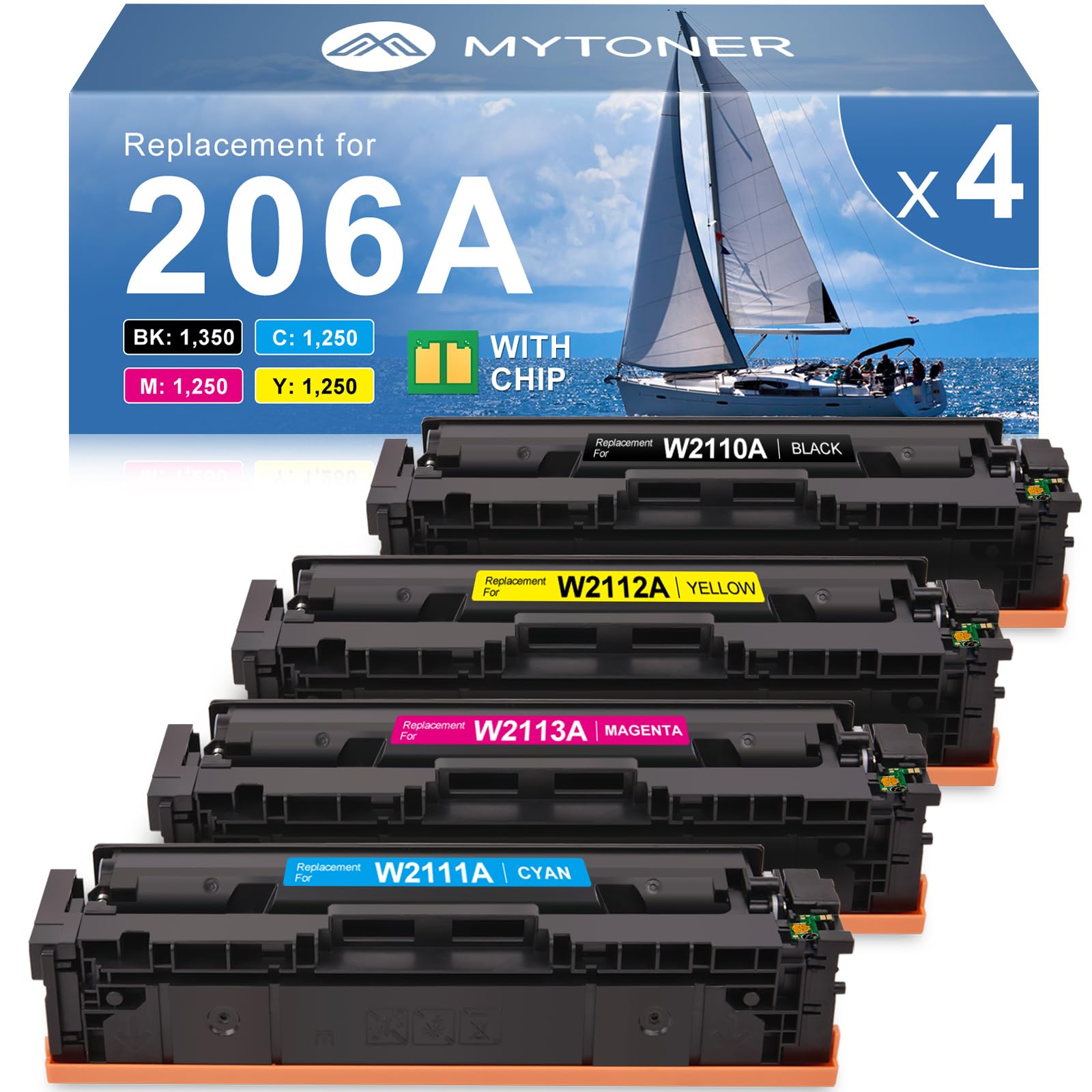 Photo 1 of MYTONER 206A Toner Cartridges 4 Pack (with Chip) Compatible Replacement for HP 206A 206X for Color Pro MFP M283fdw M283cdw M282nw Pro M255dw M255nw M283 M255 M282 Printer W2110A W2110X High Yield