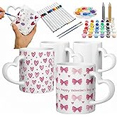 Potchen 4 Sets Valentine Paint Your Own Mug Kits, Ceramic Mugs with Heart Handle Galentines Painting Craft Kit Galentine Activities Includes 4 Cups 8 Brushes 4 Palettes 2 Outlines Pen and 12 Markers