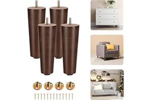 Yes4All 6-Inch Round Wooden Furniture Legs Set of 4, Adjustable Replacement Feet for Couch, Bed, Dresser, and Ottomans, Tapered Legs with Levelers, Brown Wood Components for Tables and Chairs